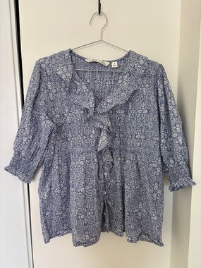 Ree The Pioneer Woman Blue Floral Ruffle Blouse